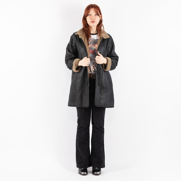 Vintage 80's Women Sheepskin Coat in Black