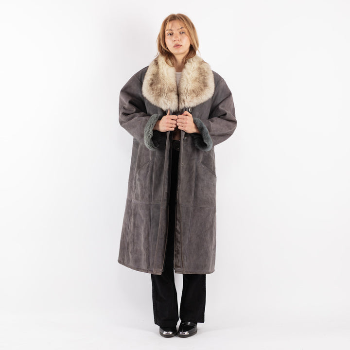 Vintage 70's Women Sheepskin Shearling Coat in Gray