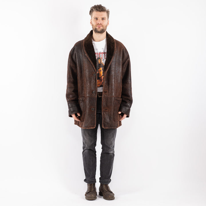 Vintage 80's Men Sheepskin Shearling Coat in Brown