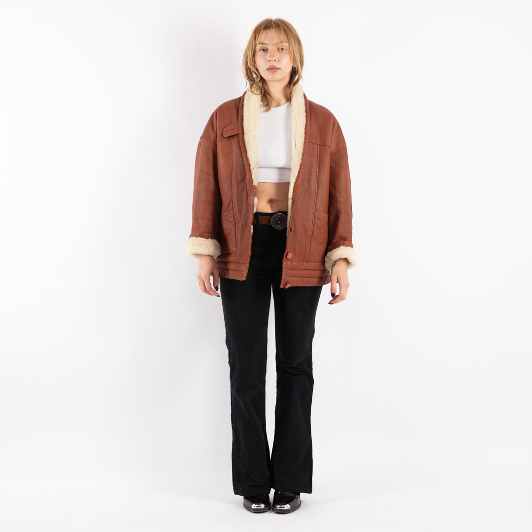 Vintage 80's Women Sheepskin Shearling Coat in Brown