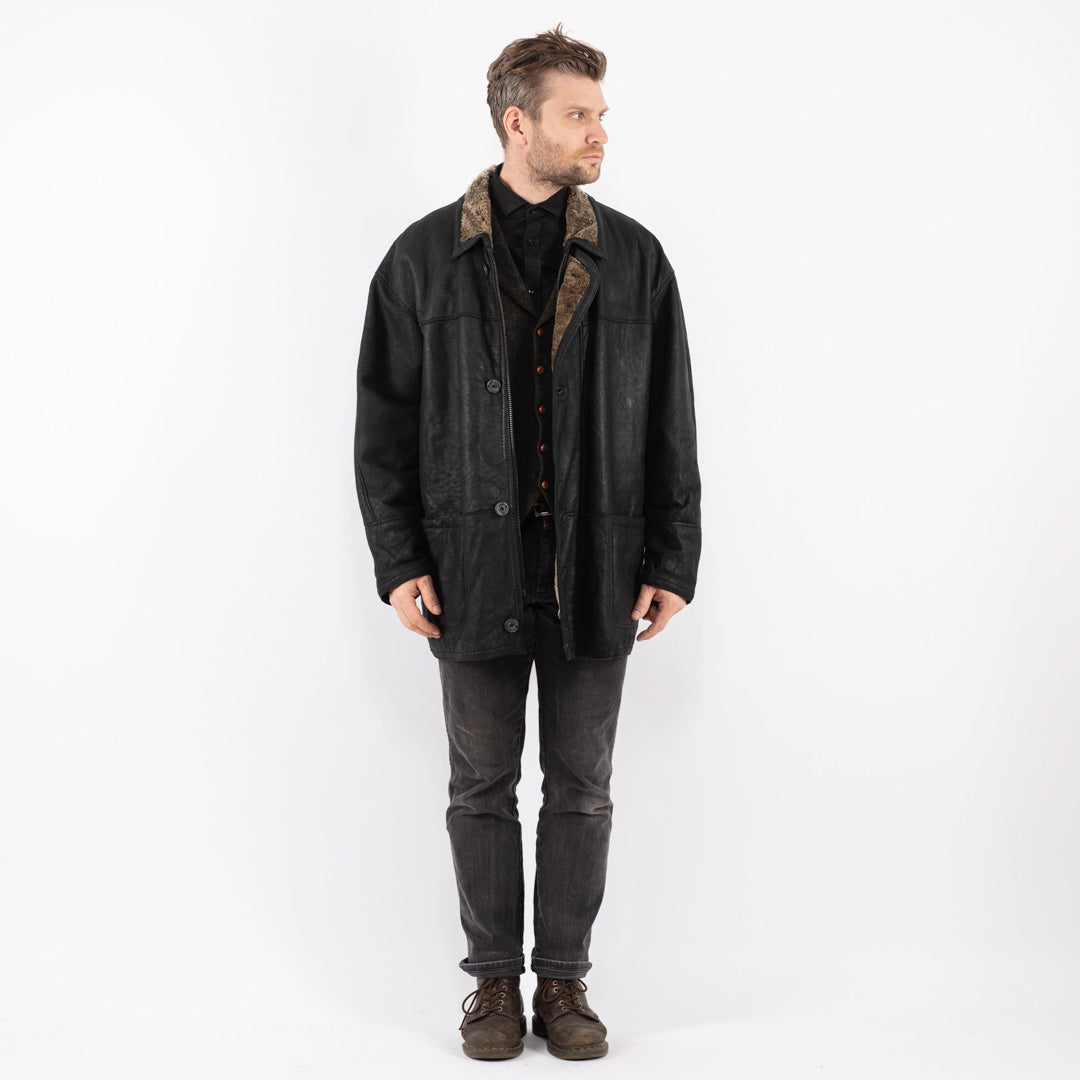 Vintage 90's Men Sheepskin Coat in Black