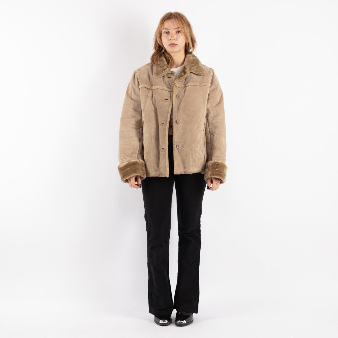 Vintage 90's Women Suede Sherpa Jacket in Beige