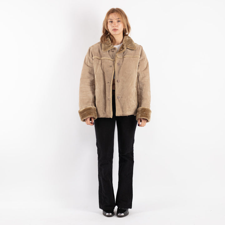 Vintage 90's Women Suede Sherpa Jacket in Beige