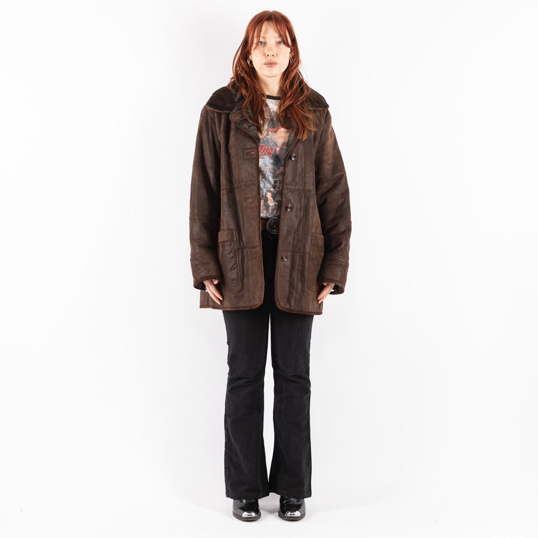 Vintage 90's Women Suede Sherpa Coat in Brown