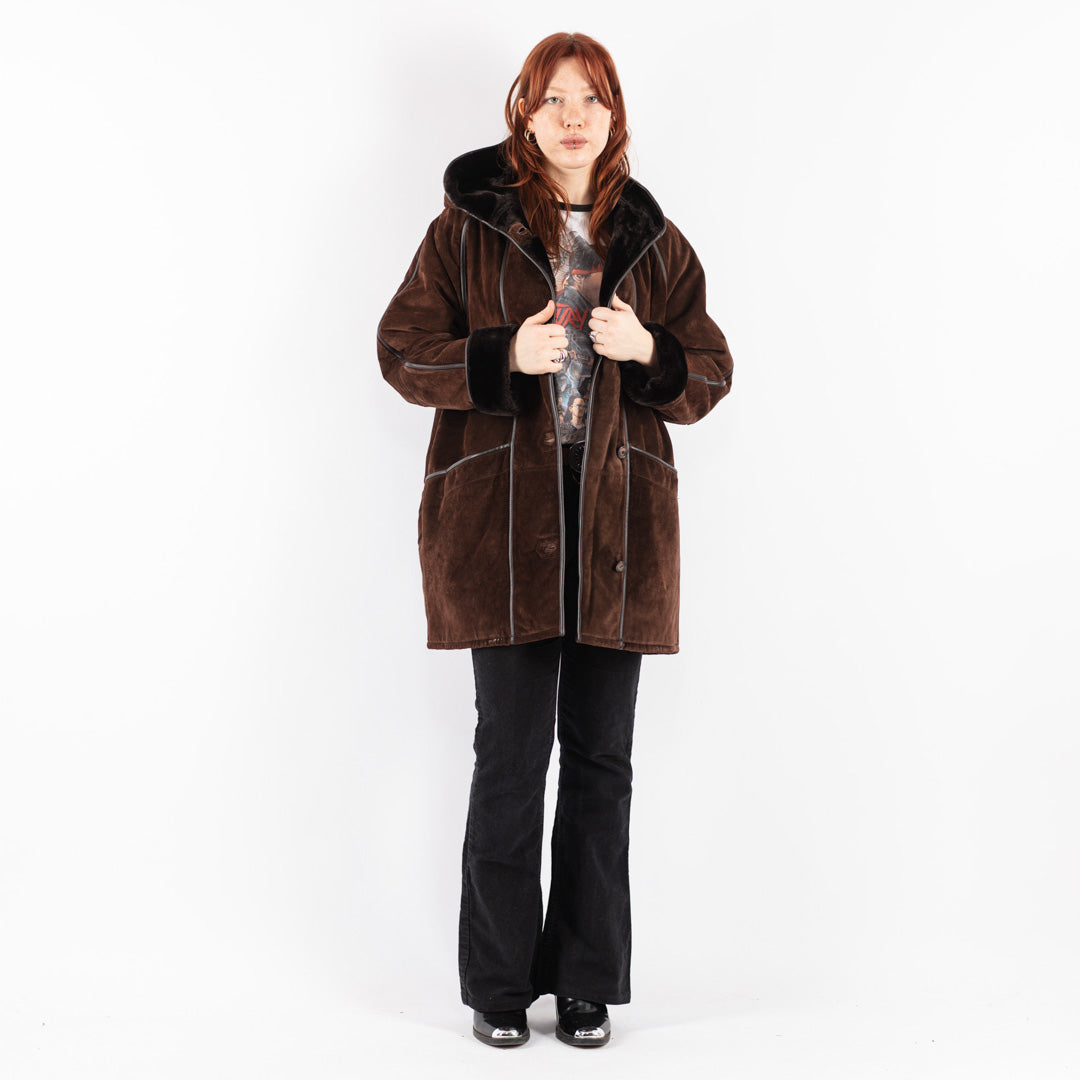 Vintage 90's Women Suede Sherpa Coat in Brown