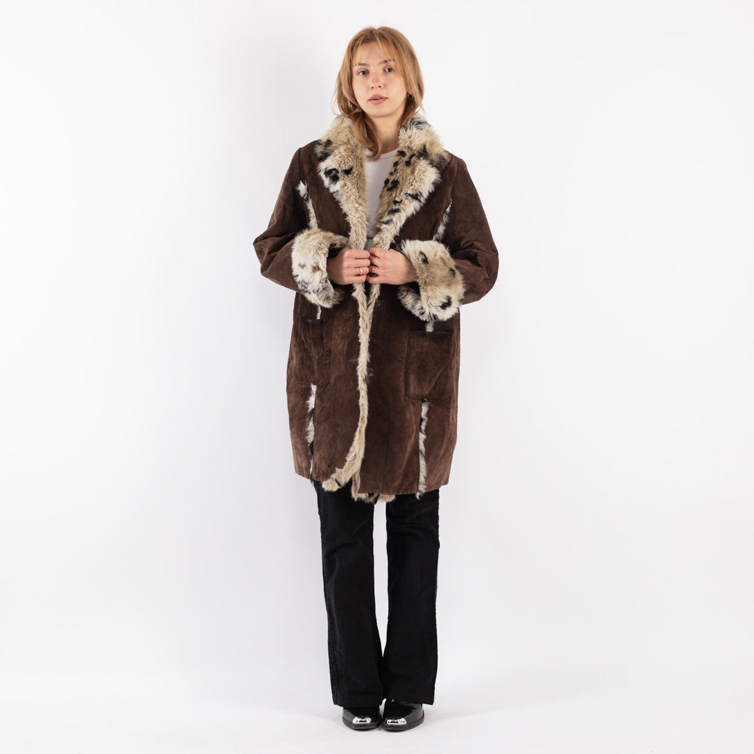 Vintage 90's Women Suede Sherpa Coat in Brown