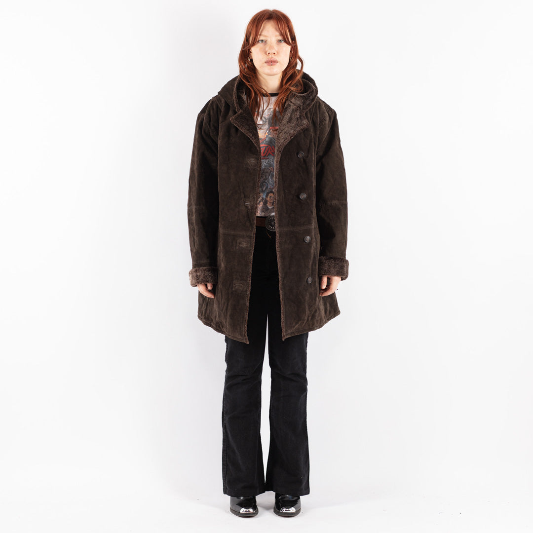 Vintage 90's Women Suede Sherpa Coat in Brown