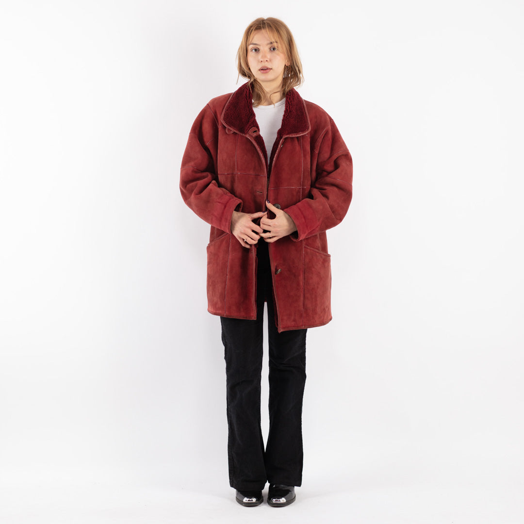 Vintage 80's Women Sheepskin Coat in Red