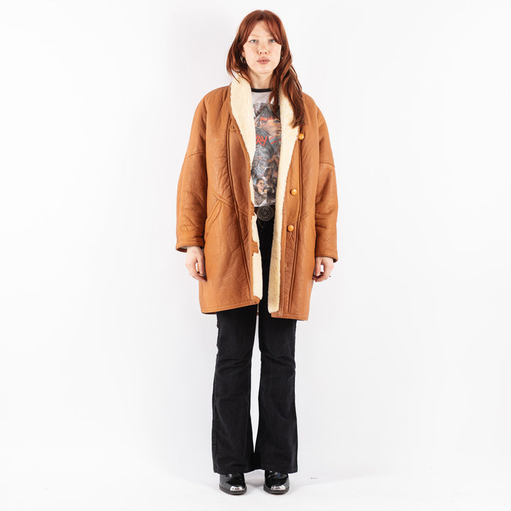 Vintage 80's Women Sheepskin Shearling Coat in Brown