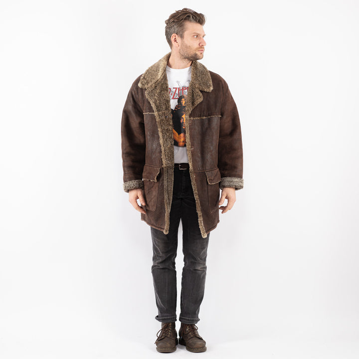 Vintage 80's Men Sheepskin Shearling Coat in Brown