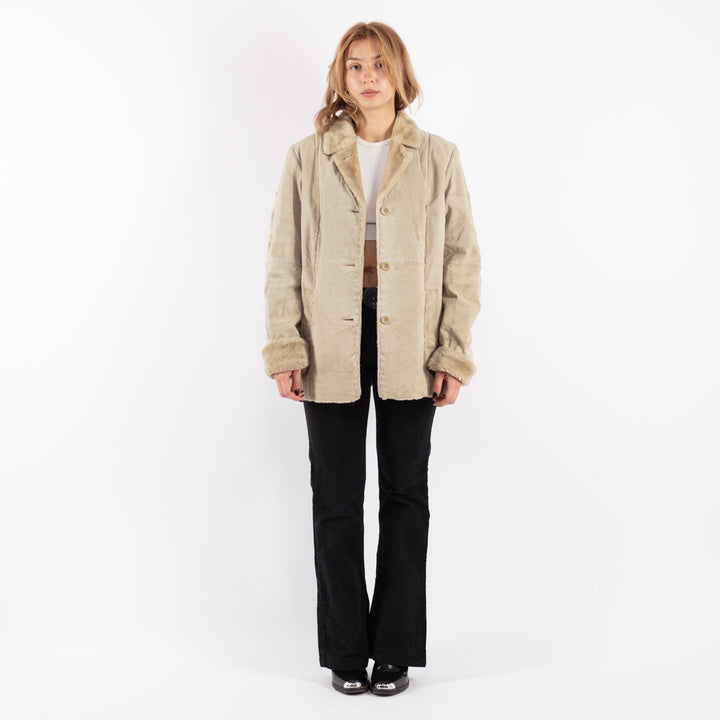 Vintage 90's Women Suede Sherpa Coat in Beige