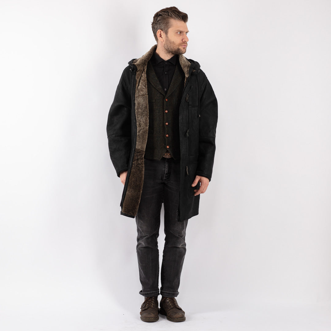 Vintage 90's Men Sheepskin Coat in Black