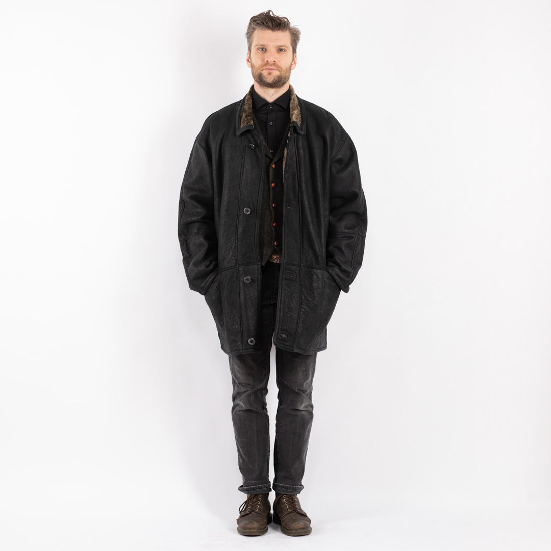 Vintage 90's Men Sheepskin Coat in Black