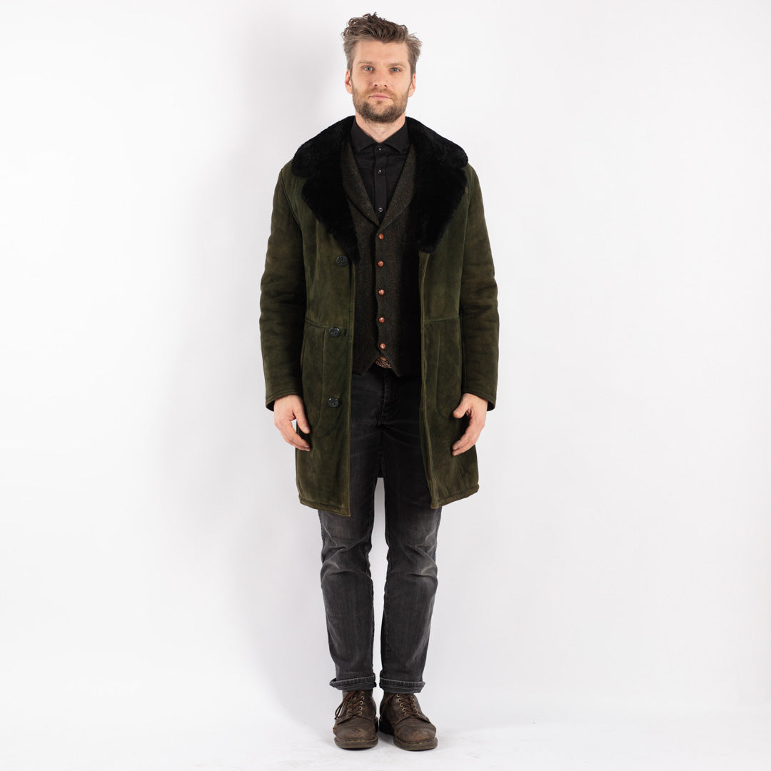 Vintage Men Sheepskin Shearling Coat in Green