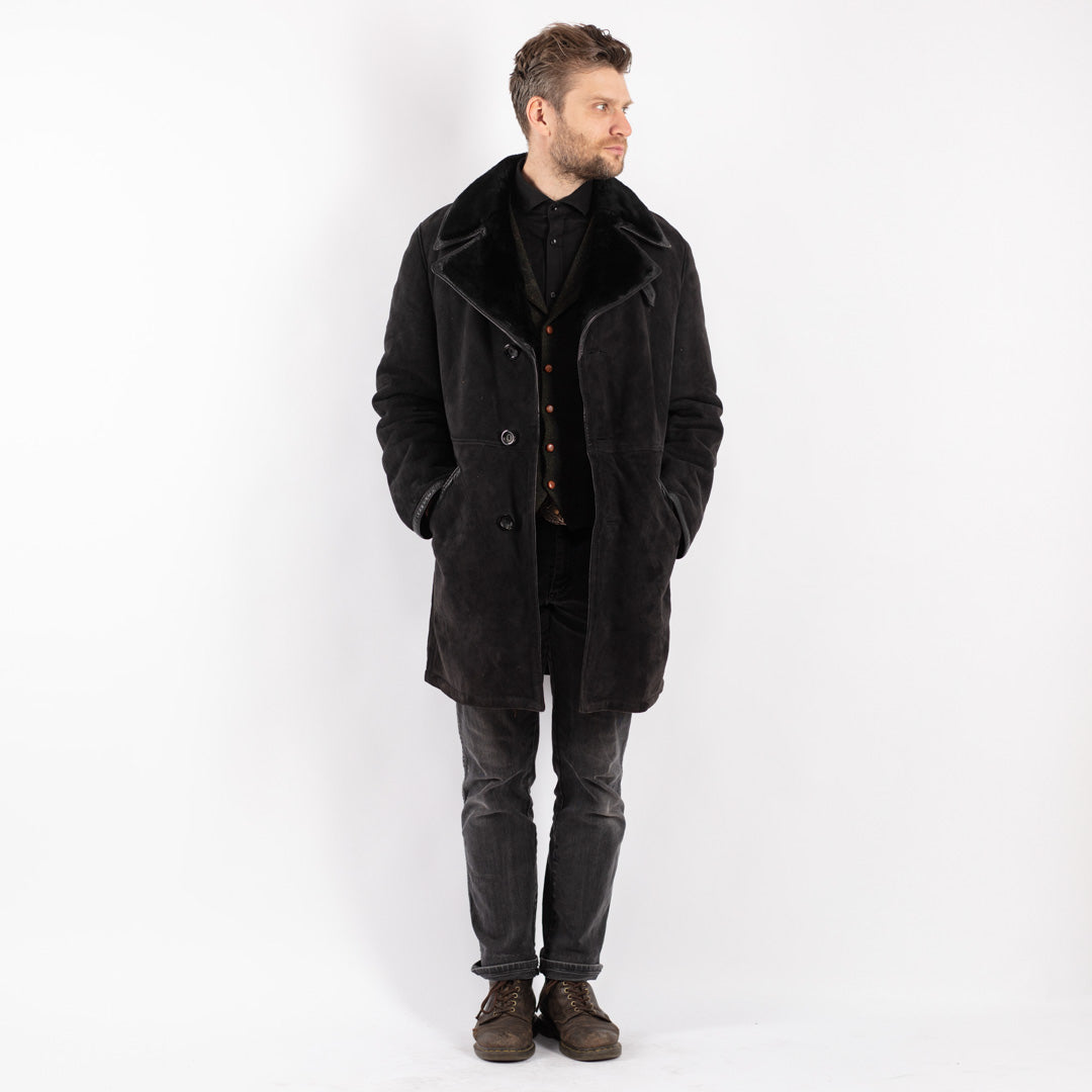 Vintage 70's Men Sheepskin Coat in Black