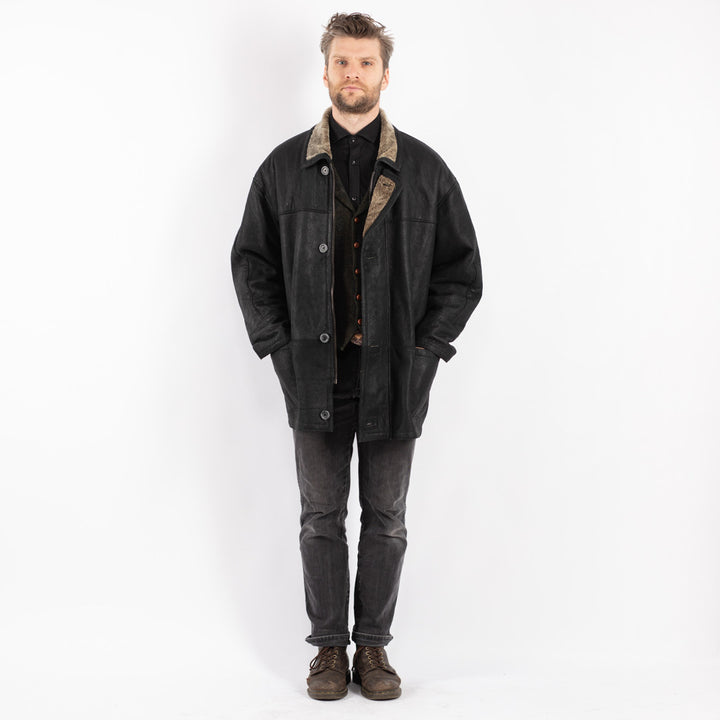 Vintage 90's Men Sheepskin Coat in Black