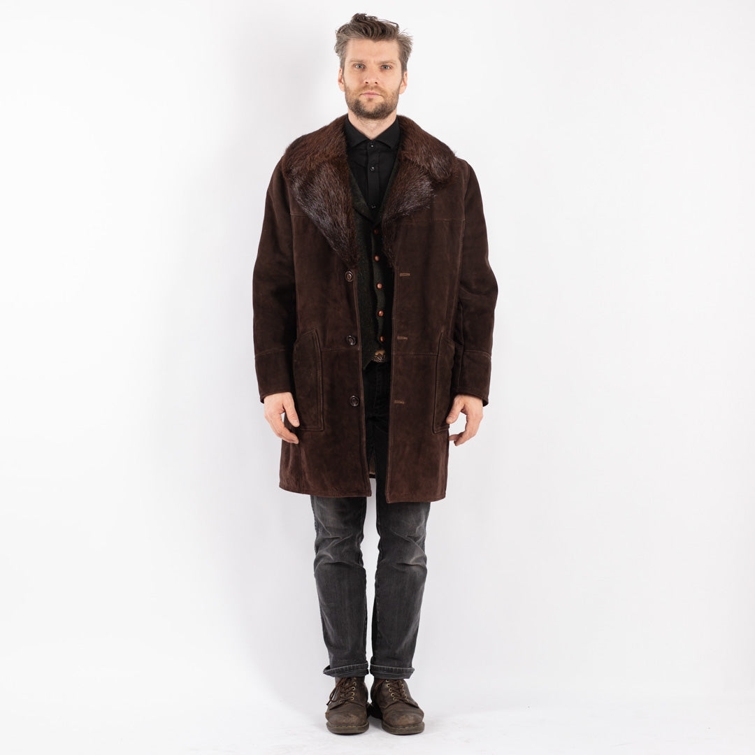 Vintage 70's Men Sheepskin Shearling Coat in Brown