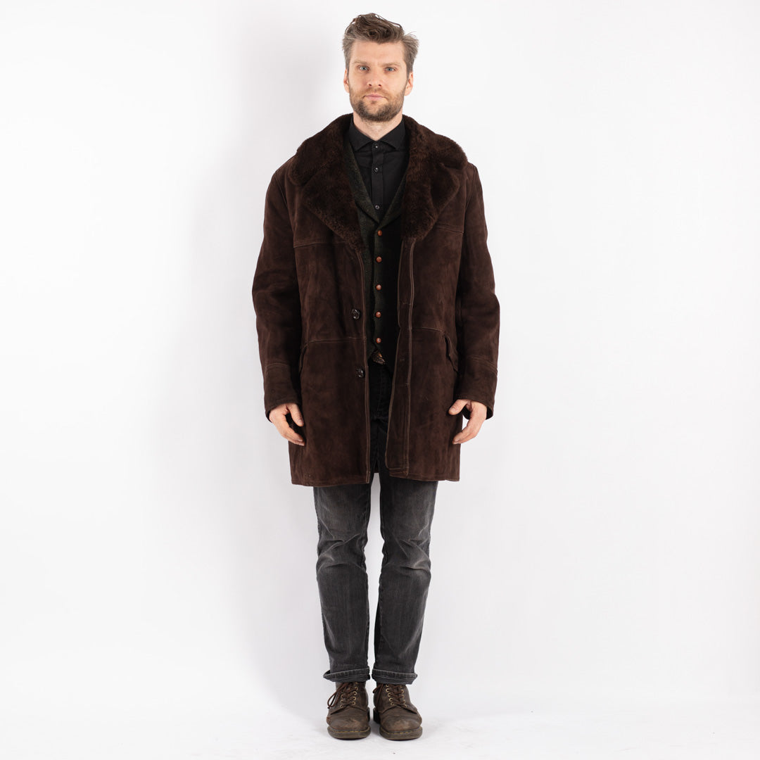 Vintage 70's Men Sheepskin Shearling Coat in Brown