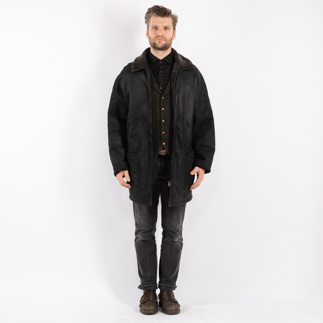 Vintage 90's Men Sheepskin Coat in Black