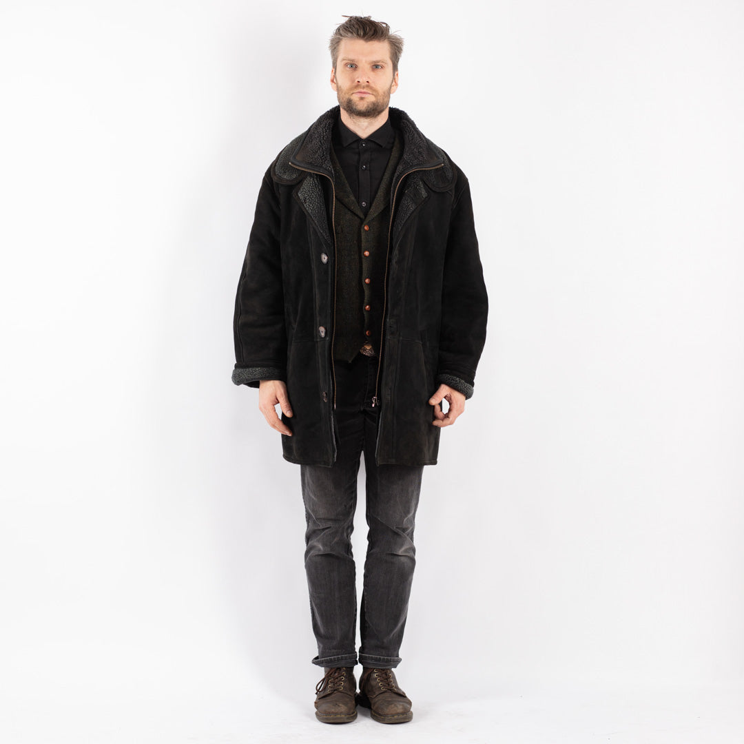 Vintage 90's Men Sheepskin Coat in Black