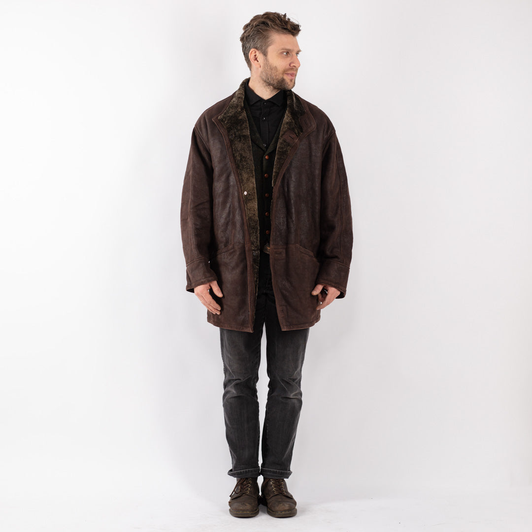 Vintage 80's Men Sheepskin Shearling Coat in Brown