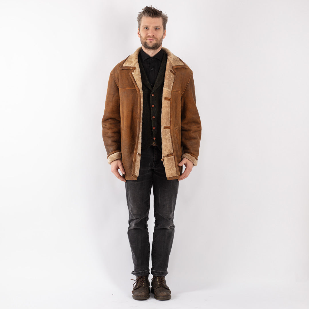 Vintage 90's Men Sheepskin Shearling Coat in Brown