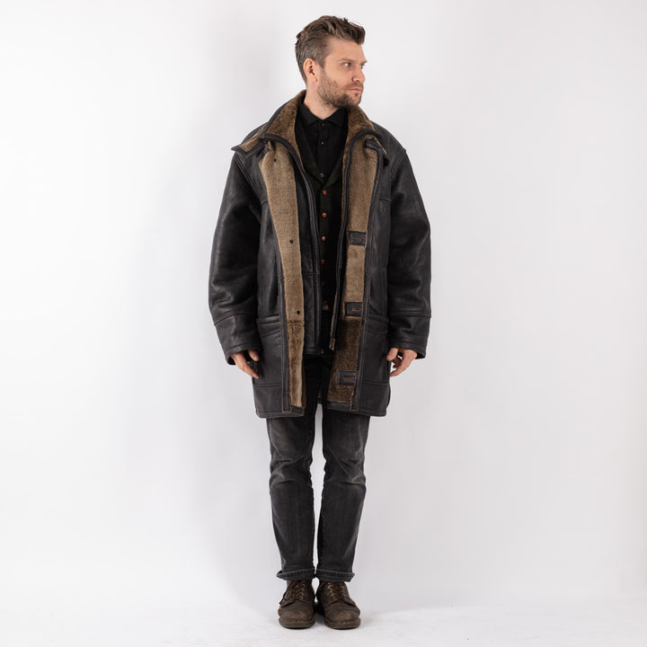 Vintage 80's Men Sheepskin Shearling Coat in Gray