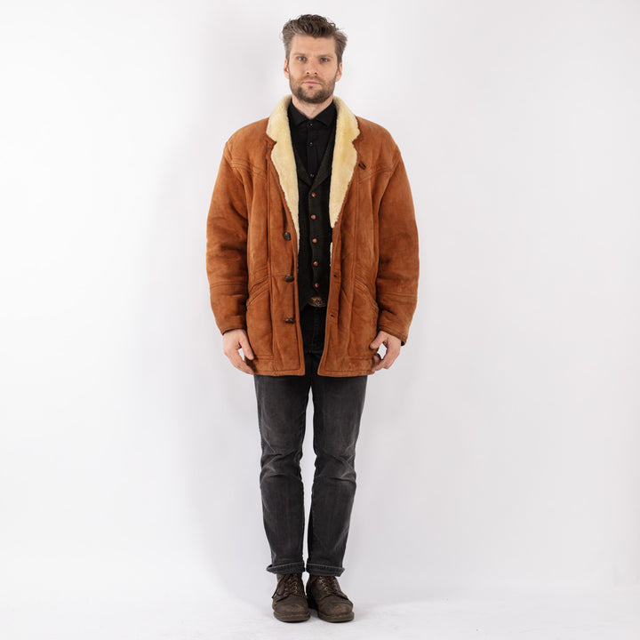 Vintage 80's Men Sheepskin Shearling Coat in Brown