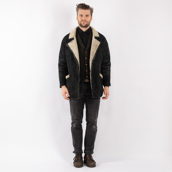 Vintage 90's Men Sheepskin Coat in Black