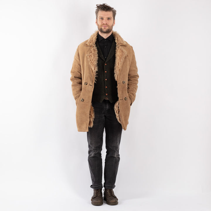 Vintage 70's Men Sheepskin Shearling Coat in Beige