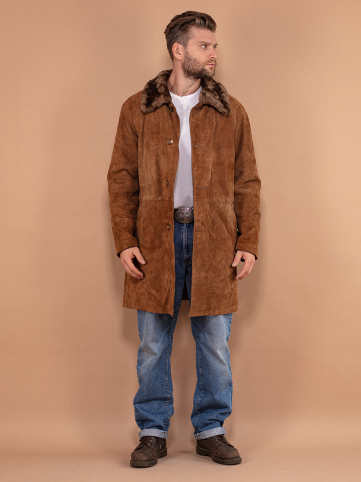 Belted Suede Coat 70's, Size Large L Vintage Men Suede Coat, Western Cowboy Coat, Retro Winter Sherpa Coat, Trapper Coat, 70s Outerwear