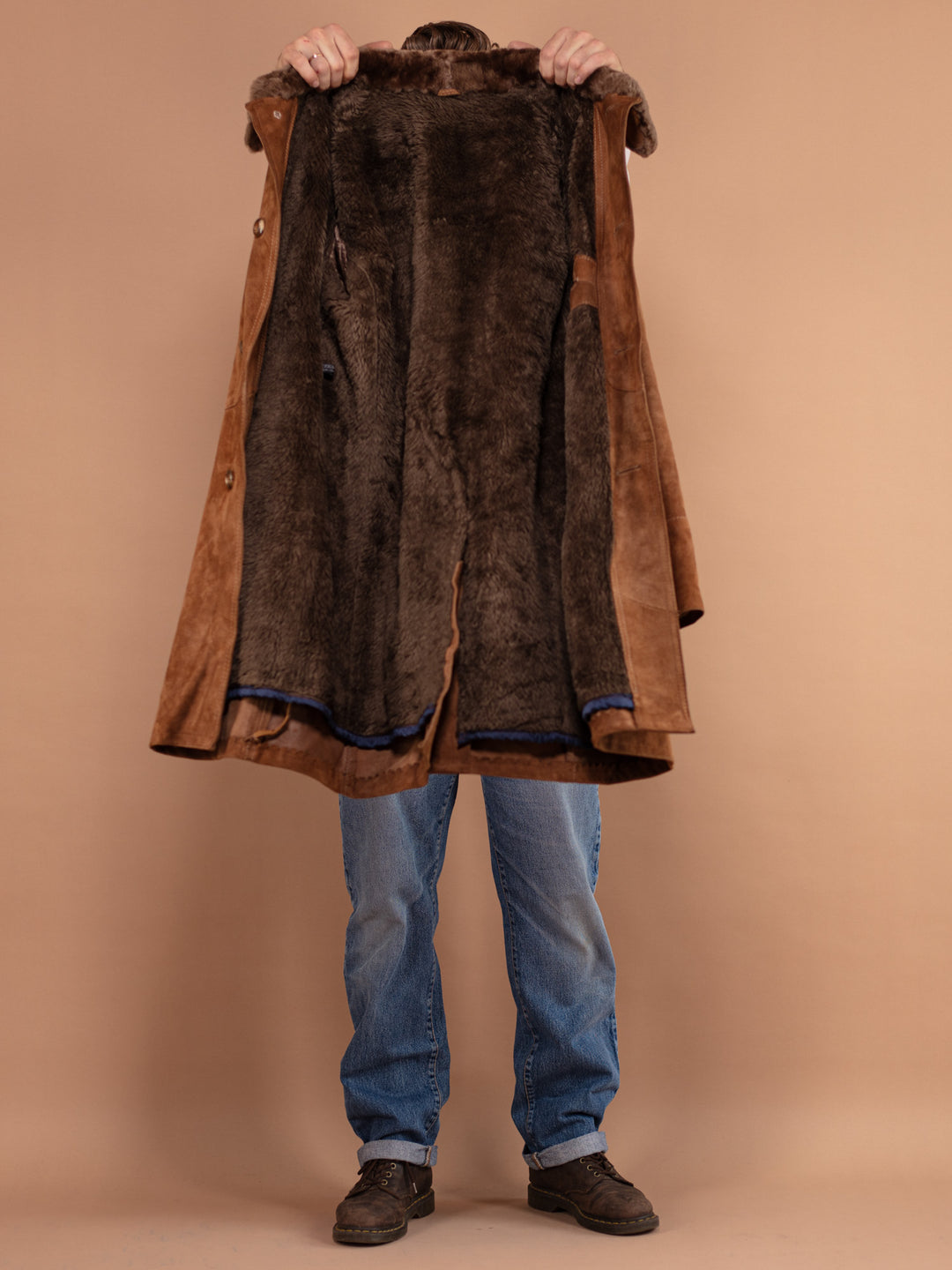 Belted Suede Coat 70's, Size Large L Vintage Men Suede Coat, Western Cowboy Coat, Retro Winter Sherpa Coat, Trapper Coat, 70s Outerwear