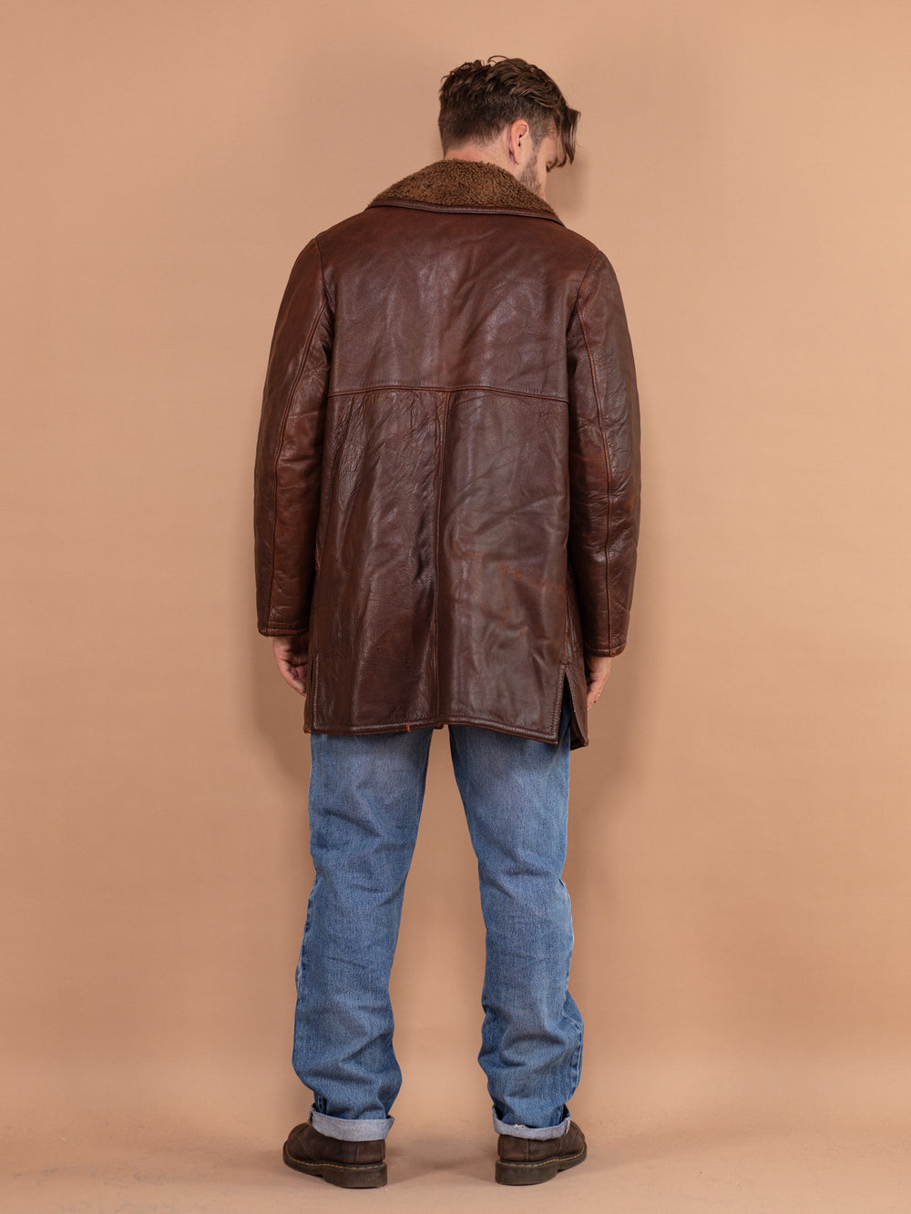 Vintage 70's Men Leather Sherpa Coat in Brown - NorthernGrip