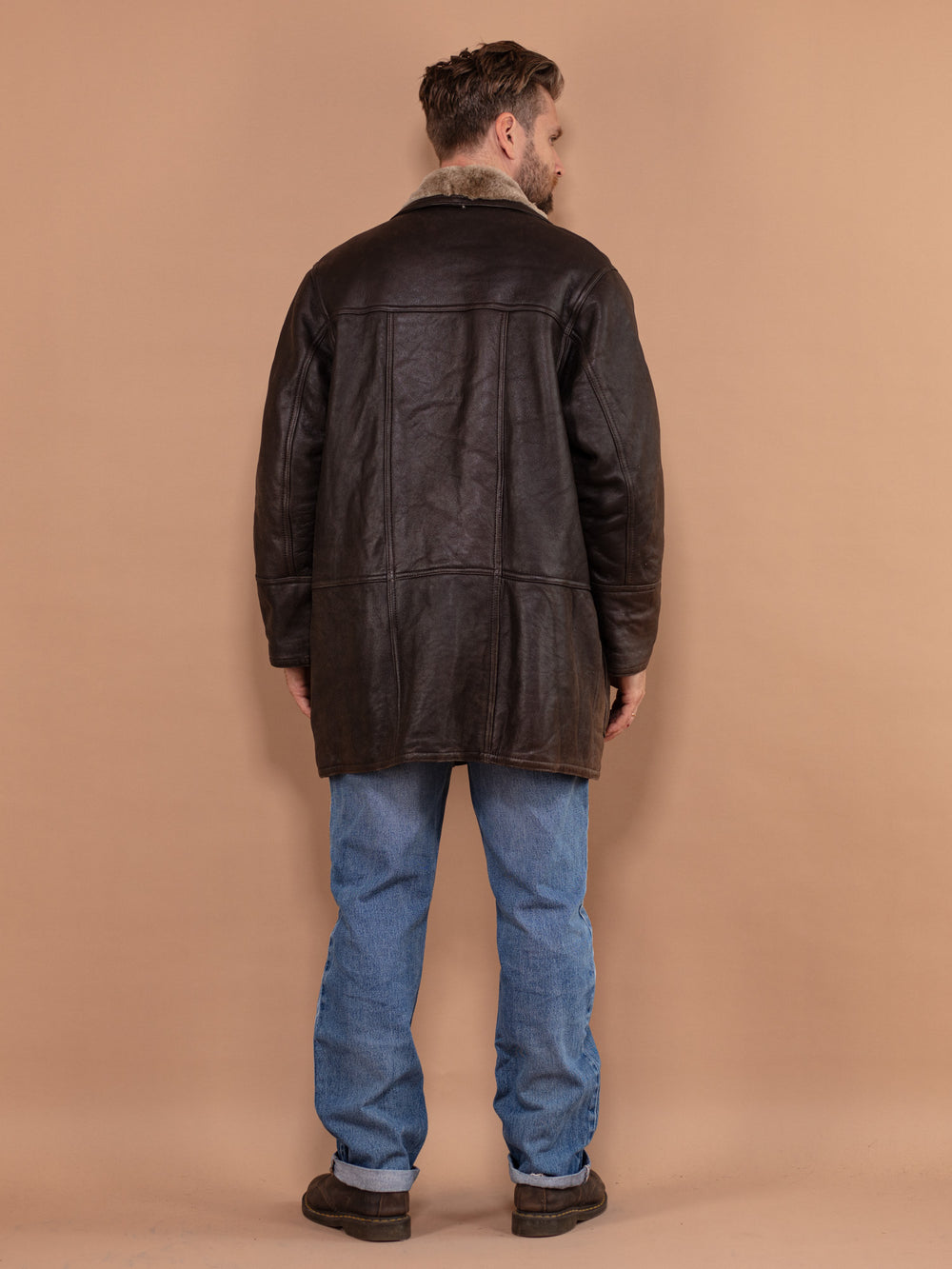Vintage 80's Men Sheepskin Leather Coat in Brown - NorthernGrip