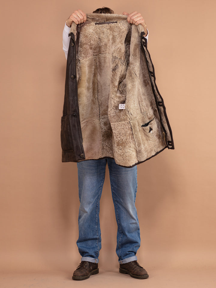 Mens Sheepskin Coat 80's, Size Medium, Worn In Vintage Shearling Coat, Retro Leather Coat, Brown Leather Overcoat, Boho Winter Coat