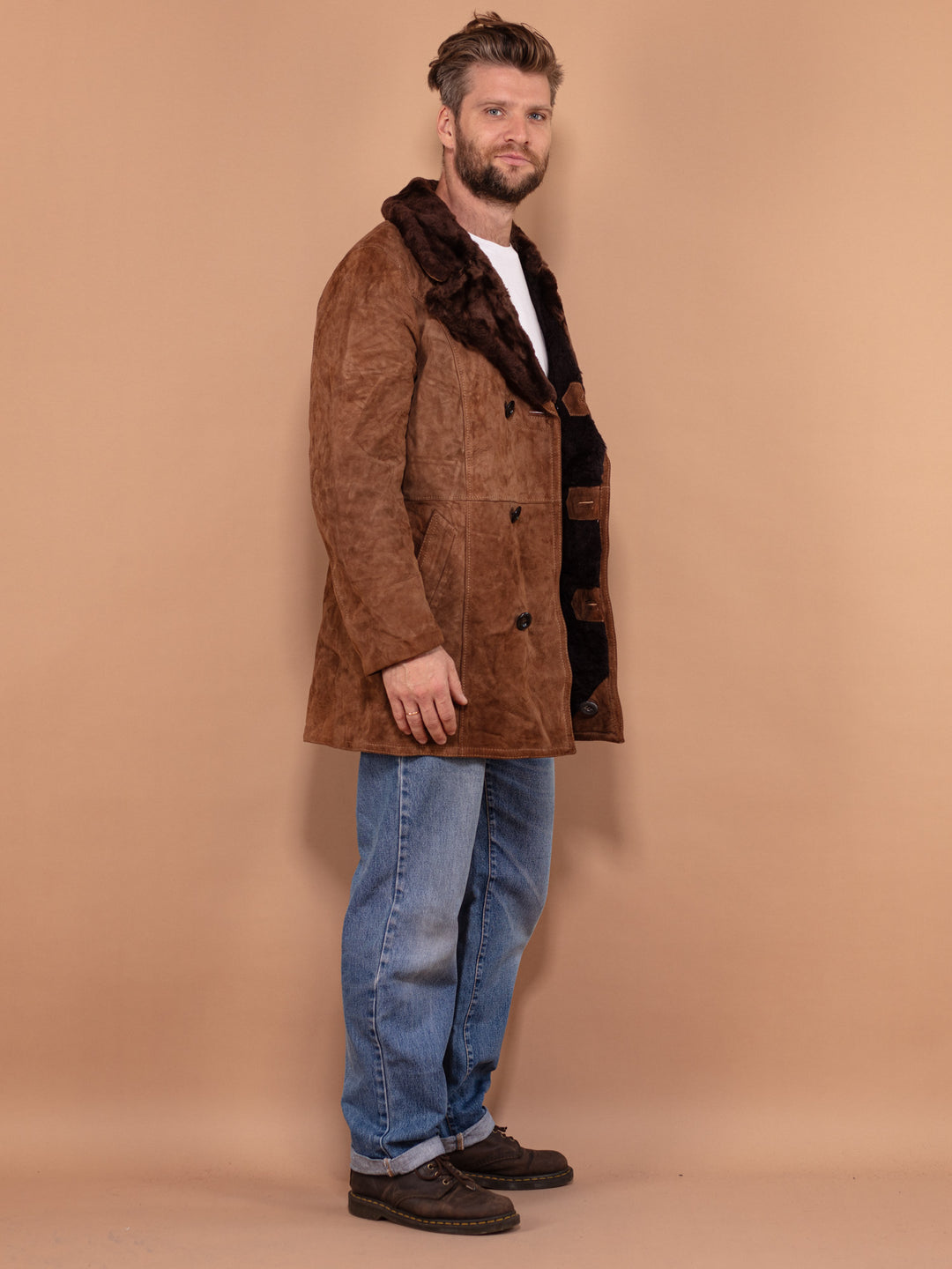 Suede Sherpa Men Coat, 70's Vintage Suede Coat Small Size, Boho Men Coat, Warm Wool Coat, Old Fashioned Mens Overcoat, Brown Suede Coat