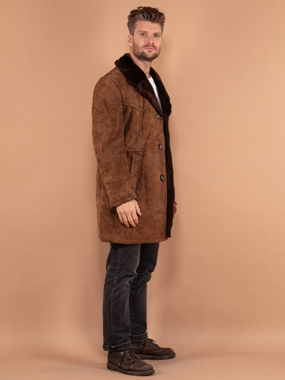 Vintage 70's Men Sheepskin Coat in Brown - NorthernGrip