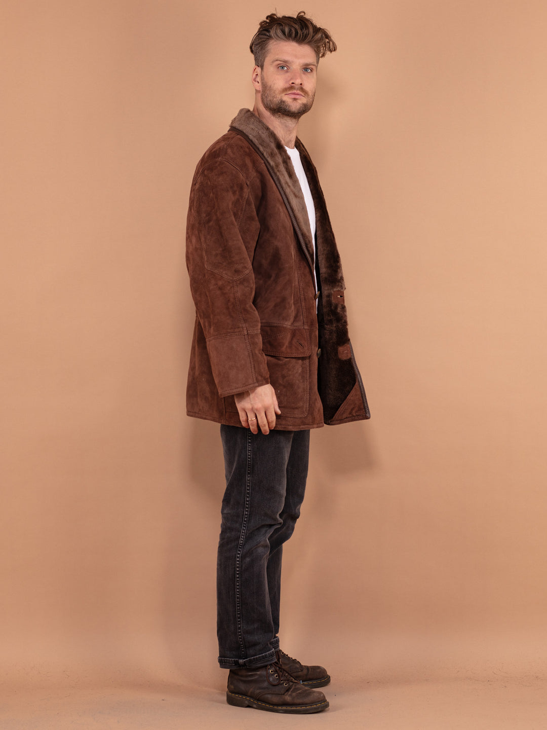 Vintage 80's Men Sheepskin Coat in Brown - NorthernGrip