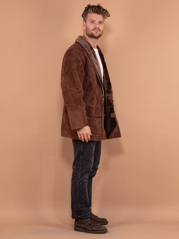 80's Men Sheepskin Coat, Size Large L Shearling Coat, 80's Vintage Coat, Winter Clothing, Brown Suede Coat, Vintage Overcoat, Made in Spain