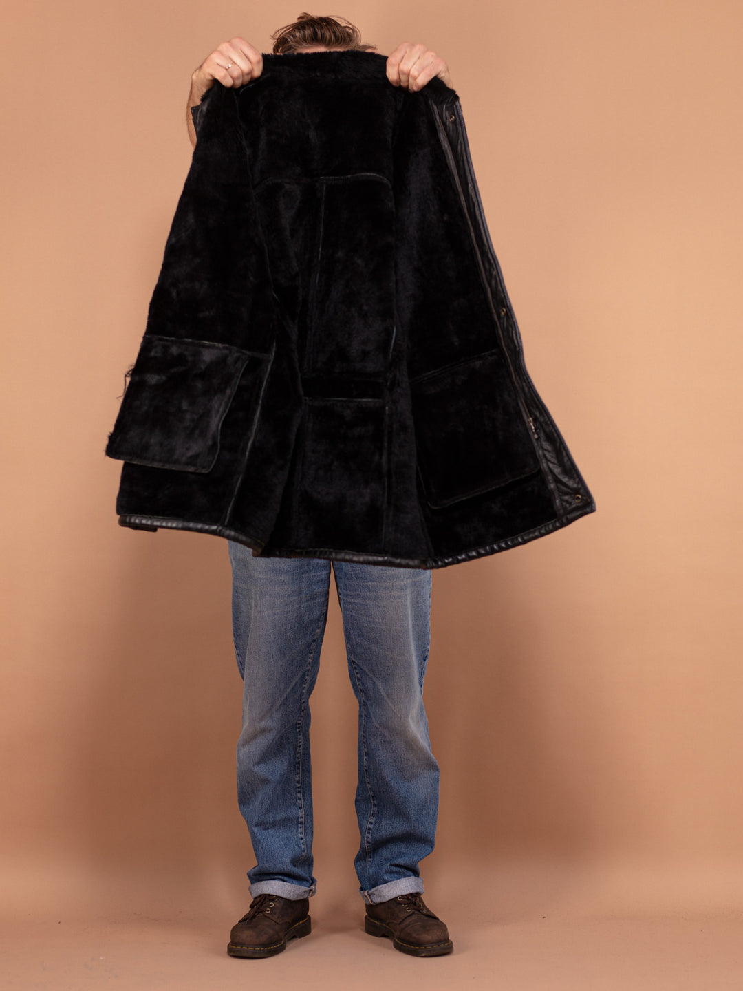 Black Leather Sherpa Coat 90's, Size M Vintage Men Leather Coat, Retro Leather Winter Coat, Gift for Men, Faux Sheepskin Coat, Pre Loved