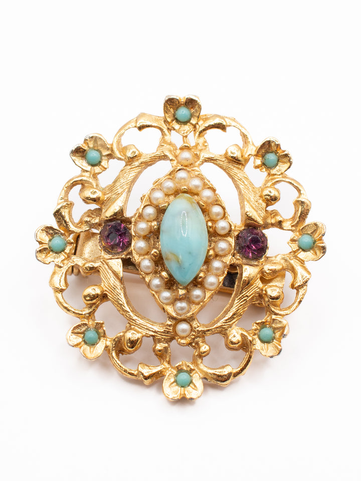 Vintage 70's Gold Tone Filigree Brooch