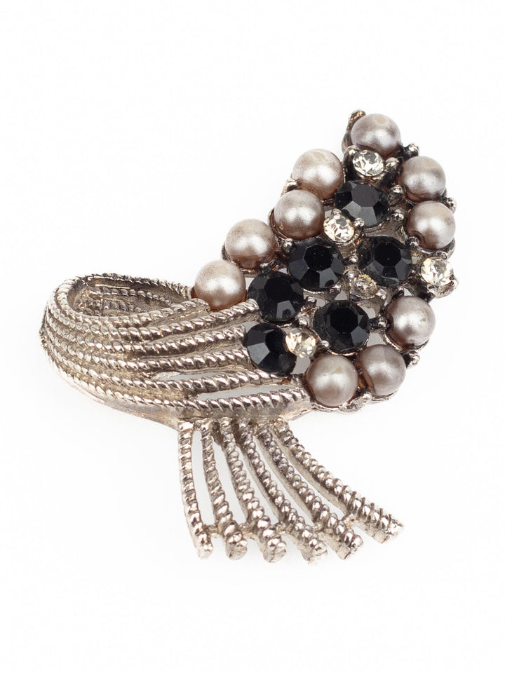 Vintage 50s Silver-Tone Bow Brooch with Faux Pearls and Black Rhinestones