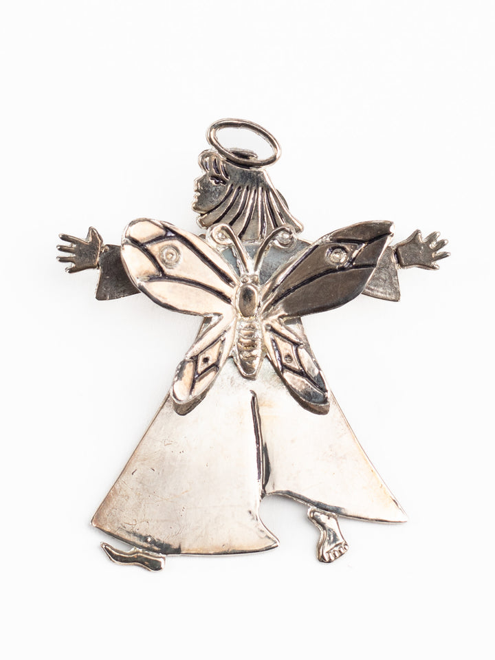 Vintage 1997 Angel Butterfly Brooch by Emilia Castillo, Silver Tone Whimsical Figural Pin, Made in China, Signed Artist Jewelry