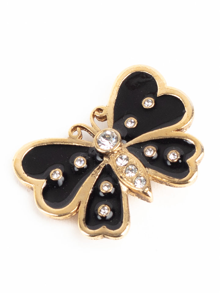 Vintage 90s Gold-Tone Butterfly Brooch with Black Enamel and Rhinestones