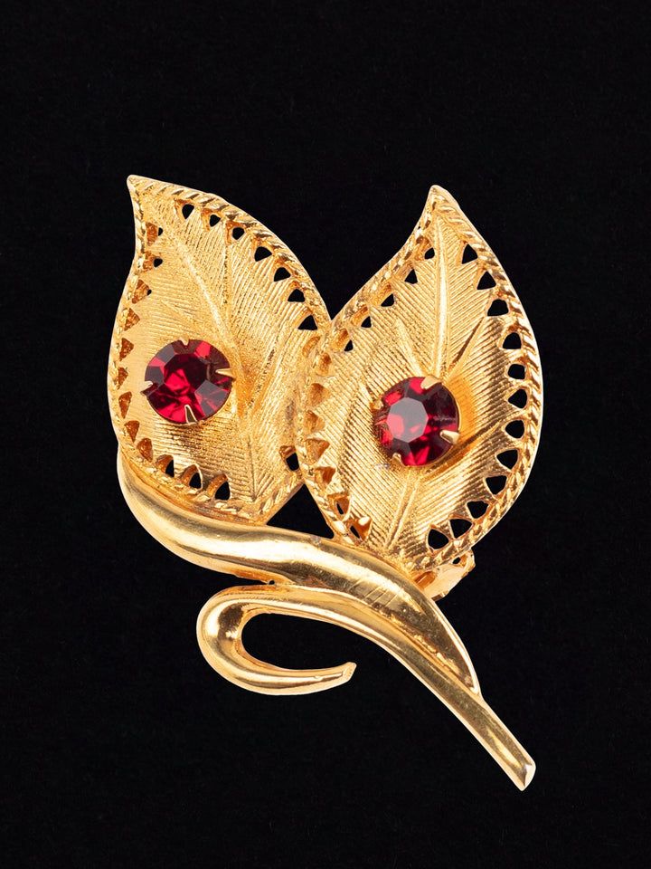 Vintage 80s Celebrity Gold-Tone Leaf Brooch with Red Rhinestones