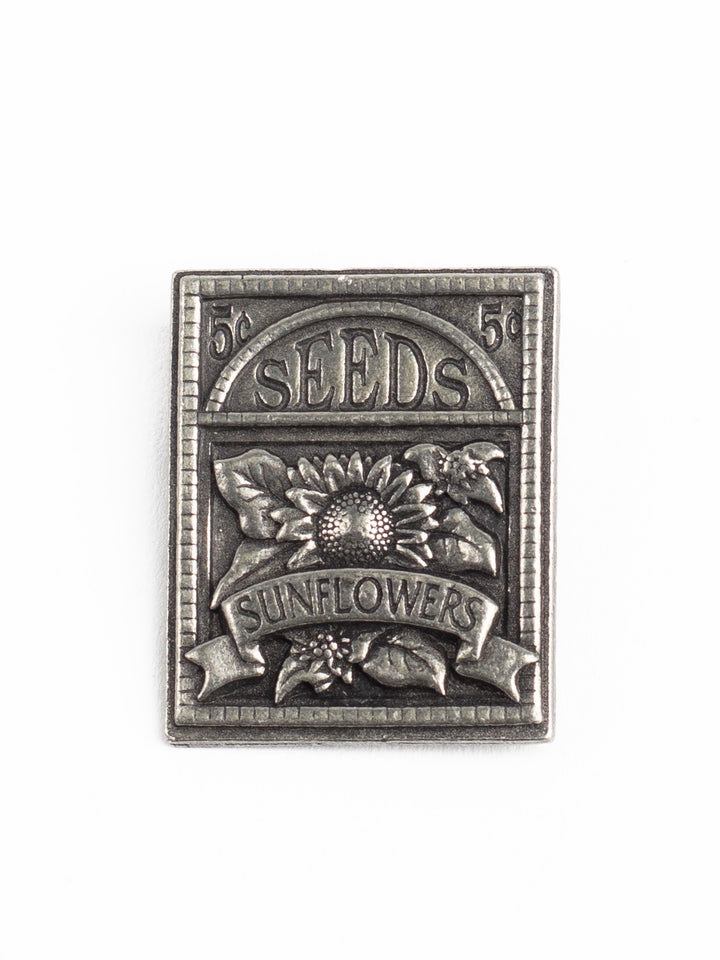 2003 Birds & Blooms Sunflower Seed Packet Brooch – Vintage Pewter Garden Pin
