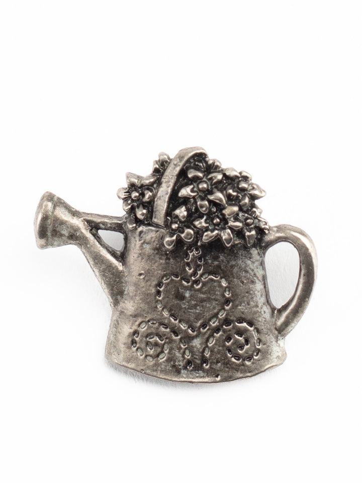 Vintage 90s Pewter Watering Can Brooch with Flowers and Heart Detail