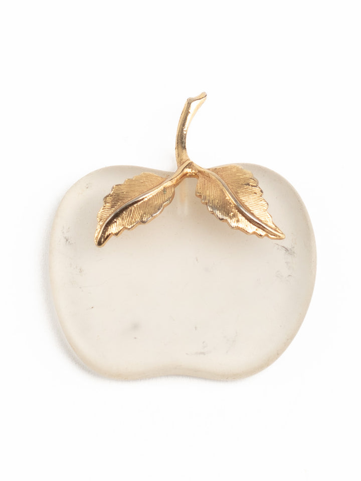 Vintage 60s Frosted Glass Apple Pendant with Gold-Tone Leaf Detail