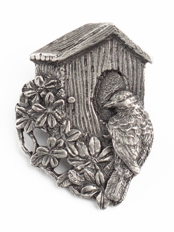 Vintage 90s Birds & Blooms Pewter Birdhouse Brooch with Sparrow and Floral Detail