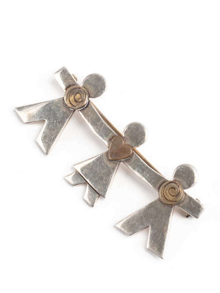 Vintage 90s Sterling Silver Family Brooch with Brass Accents – Mexico 925 Signed